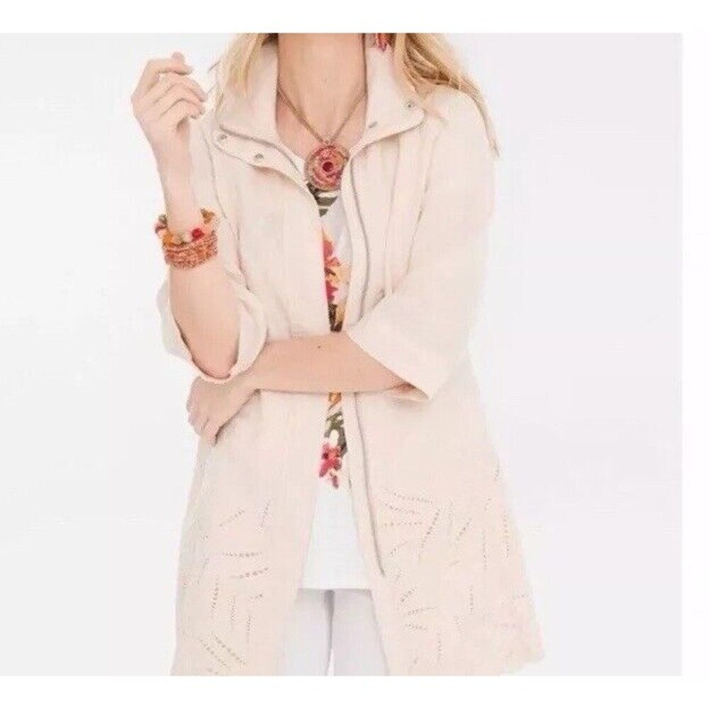 Chicos Linen Zip Up Jacket M Pink Eyelet 3/4 Sleeve Tunic Pockets Lagenlook